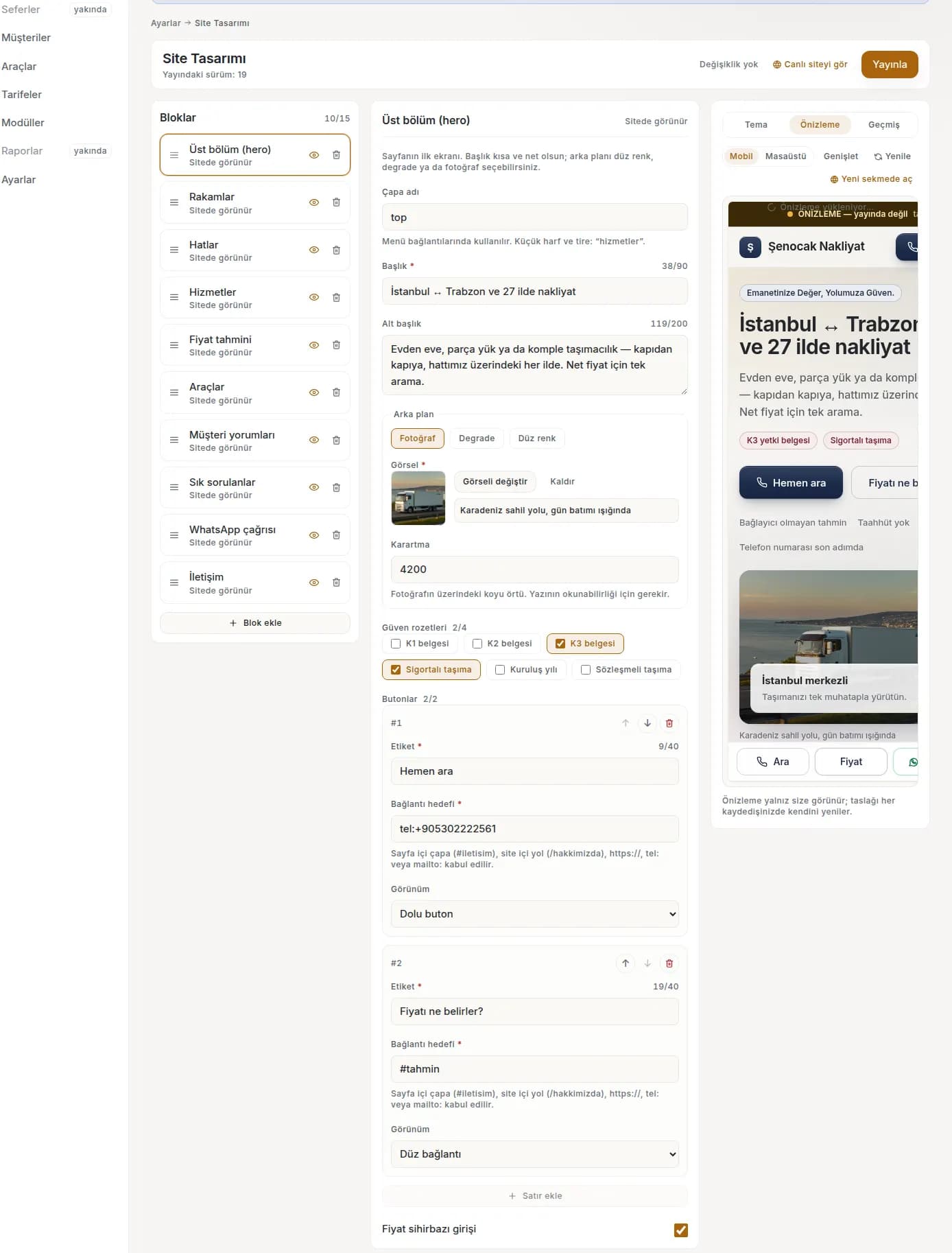 Site tasarımı ekranı: blok listesi, alan düzenleyici ve canlı önizleme