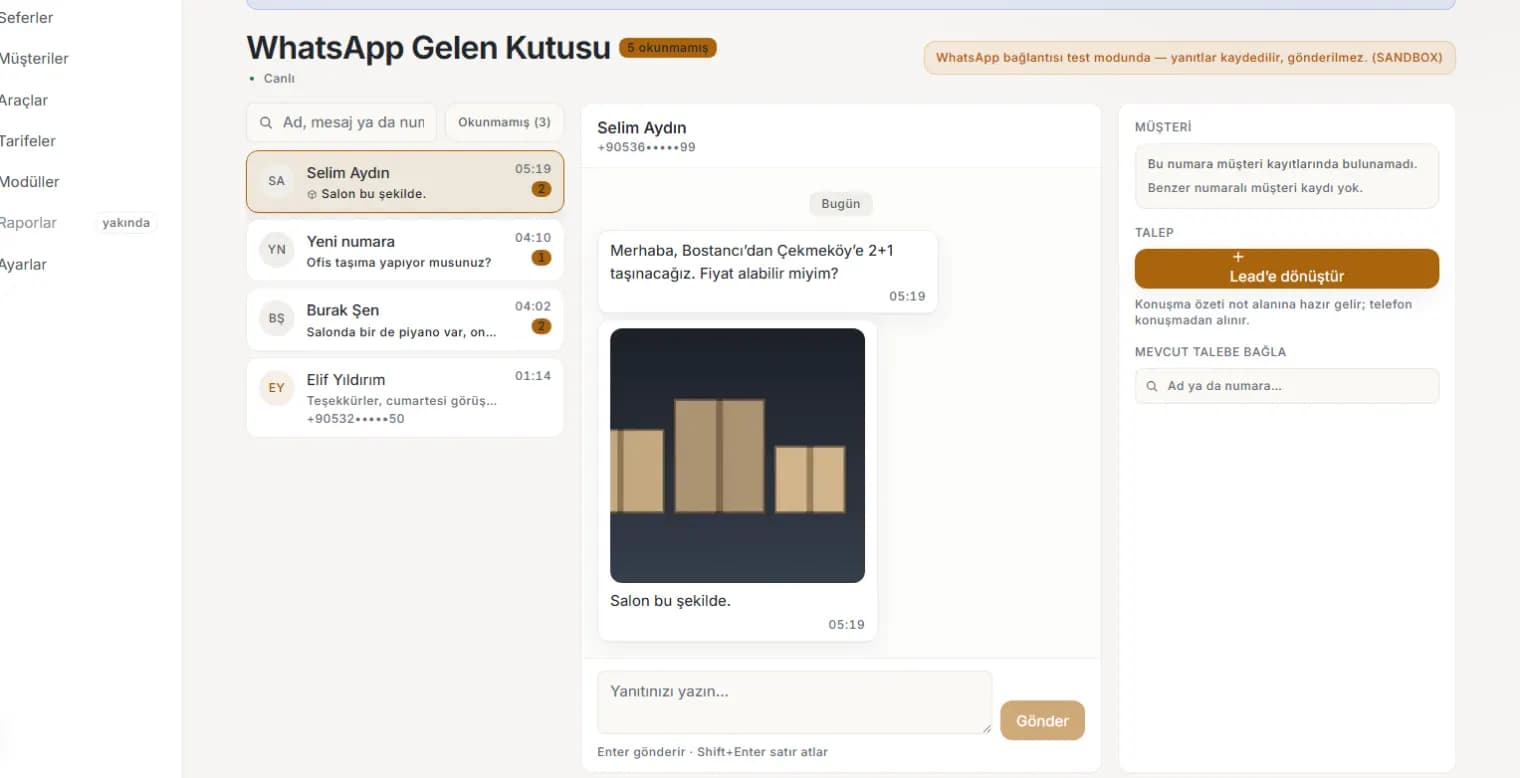 WhatsApp gelen kutusu: konuşma listesi, mesaj akışı ve müşteri eşleştirme paneli